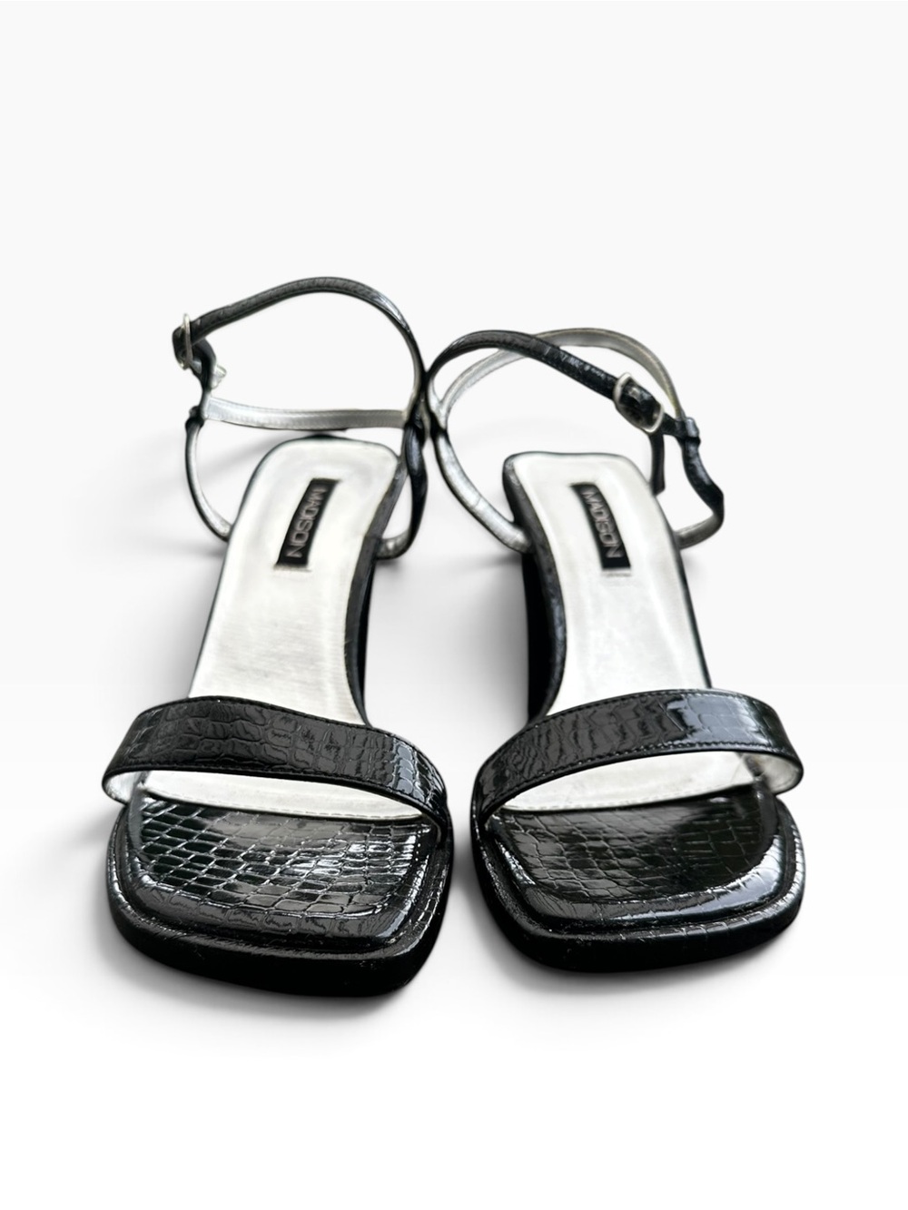Vintage Madison Black Croc Embossed Square Toe Strappy Block Heel Sandals